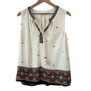 Daniel Rainn Womens Top Large Cream Embroidery Trim Tie Boho Sleeveless Rayon
